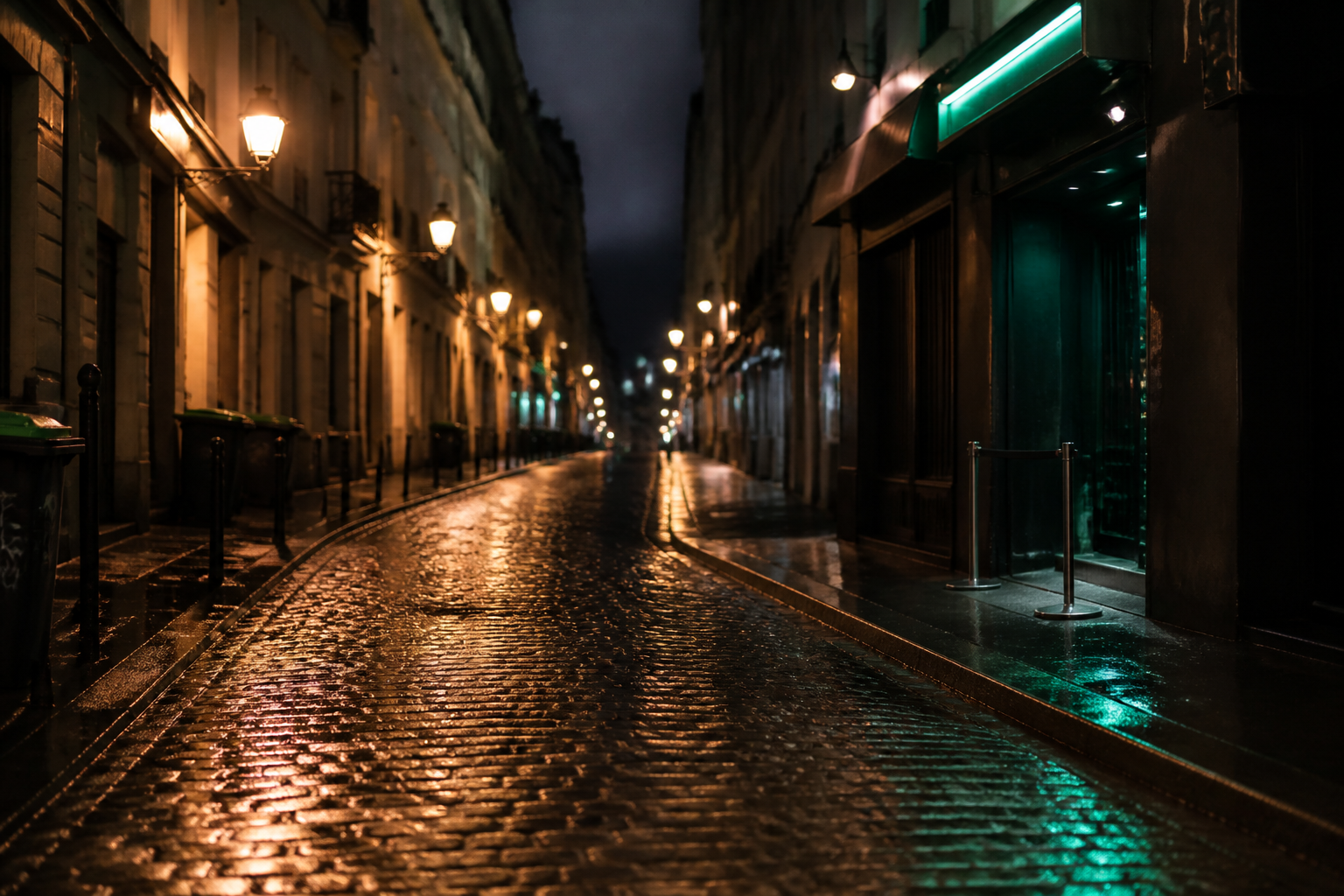 Wet European nightlife street at dusk, club lights reflecting on cobblestones.